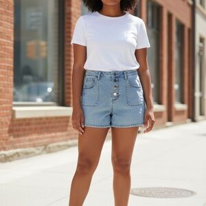 ESTOSELL Women’s XL Light Wash Denim Shorts – High Waist A-Line, 5 Button Fly